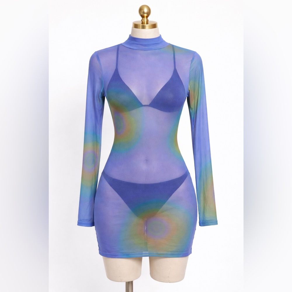 TIC TOC Dress Medium Fully Sheer See Through Mesh Long Sleeve High Neck Bodycon